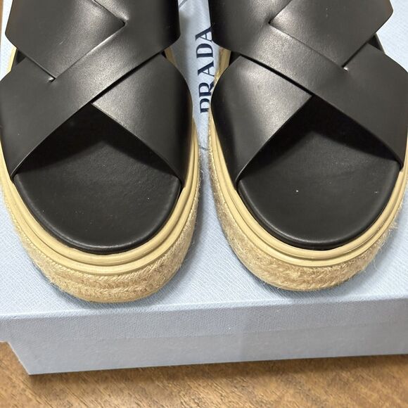 Prada Size 9 EU40 Black Leather Flatform Espadrilles Slingback Platform Sandals - Picture 6 of 8
